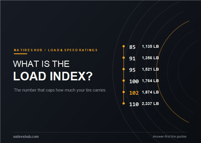 Tire load index chart from 85 at 1,135 lb to 110 at 2,337 lb