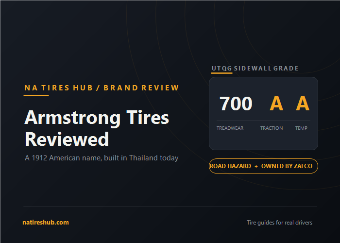 Armstrong Tires Reviewed featured card showing the Blu-Trac PC UTQG grade of 700 A A, with road hazard warranty and ZAFCO ownership noted