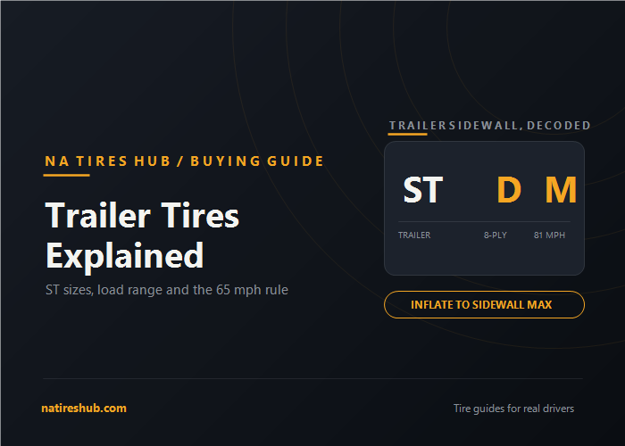 Trailer Tires Explained featured card decoding an ST sidewall: Special Trailer, load range D 8-ply, speed symbol M 81 mph