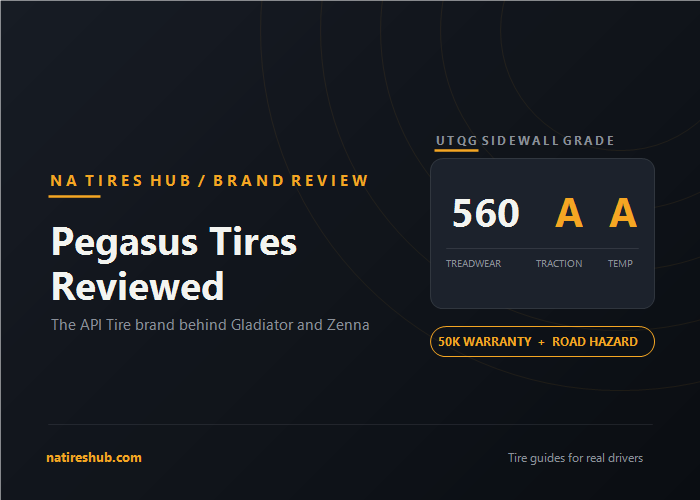 Pegasus Tires Reviewed featured card showing the Tour A/S UTQG grade of 560 A A, with the 50,000-mile treadwear warranty and road hazard plan noted