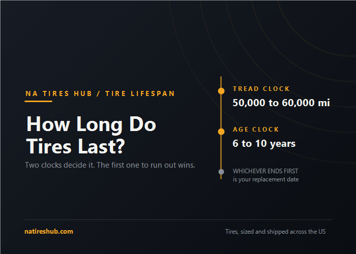 Dark graphic titled How Long Do Tires Last showing two clocks, a tread clock at 50,000 to 60,000 miles and an age clock at 6 to 10 years, whichever ends first